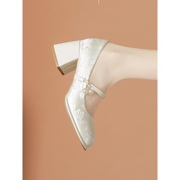 啄圣瑪麗珍女鞋配裙旗袍新中式國風鞋子媽媽款緞面漢服法式高跟鞋