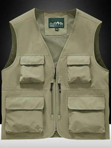 男士大尺碼背心馬甲外套   秋季馬甲男戶外休閑多袋攝影旅游釣魚坎肩v領寬松大碼工裝馬夾男