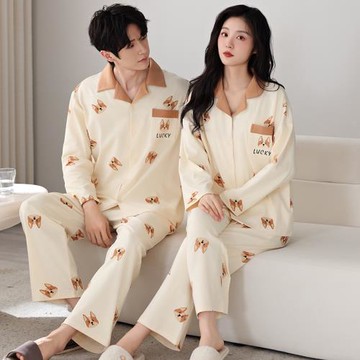 純棉開衫睡衣情侶春秋款長袖卡通甜美家居服男女士秋冬季全棉套裝