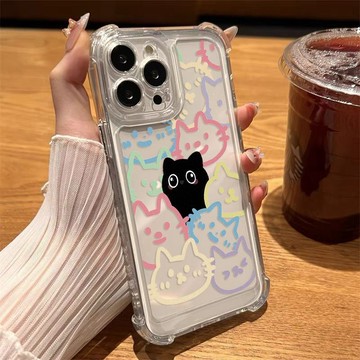 四角彩線黑貓適iPhone蘋果17/18 防摔15/16防護14/13保護殼12/11手機殼 潮