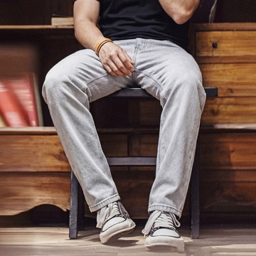 Wuluwear 美式復古淺灰水洗直筒牛仔褲男夏季垂墜感彈力寬鬆百搭通勤休閒長褲
