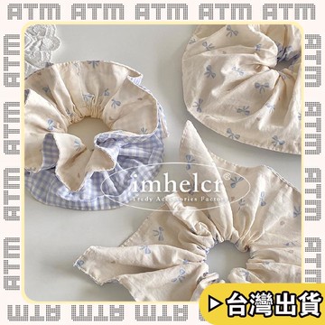 🔥臺灣出貨🔥可開發票✅輕飾時光藍格紋蝴蝶結AB面髮圈~韓系拼接大腸髮圈溫柔百搭方巾發繩髮飾女