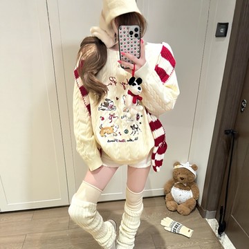 曾小鹹韓系刺繡白色麻花圓領套頭毛衣女秋冬季寬鬆毛織針織衫上衣