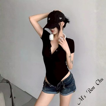 辣妹性感螺紋連體衣【60310】春夏新款歐美性感貼身純欲甜辣彈力緊身排釦短袖包屁衣 連體衣 連體T恤 BonChu