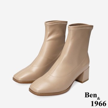 Ben&1966高級彈力皮革時尚方頭粗跟短靴-杏(247062)