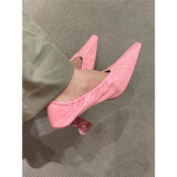 粉紅色小方頭復古單鞋女真皮水晶粗跟法式高跟鞋舒適氣質女巫鞋春