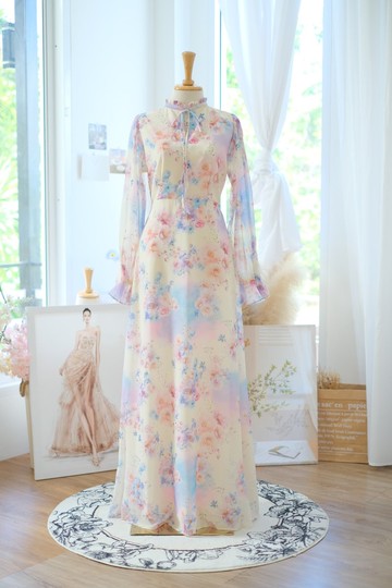 印花長袖連衣裙 派對長裙