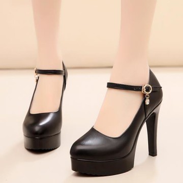 真皮尖頭淺口11CM細跟旗袍走秀鞋防水臺一字扣車模高跟鞋工作鞋女