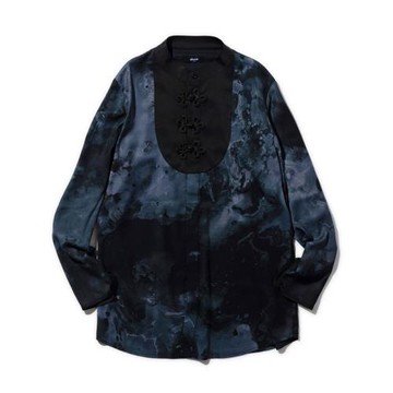 日系夏日高端復古經典潑墨盤扣中國風休閑襯衫綢緞質感長袖襯衣