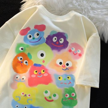 日系趣味卡通涂鴉圓領短袖T恤女夏季潮牌寬松bf休閑情侶半袖上衣