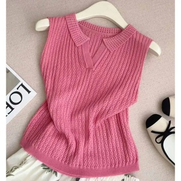 衣時尚 針織上衣 無袖T卹 毛線衣 背心 新款百搭顯瘦紅色抽繩收腰針織背心女設計感上衣-5409.