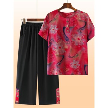 奶奶夏裝全棉短袖老太太夏季大花兩件套婆婆衣服套裝媽媽圓領套頭