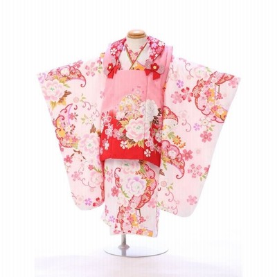 セット 七五三3歳女の子 長着＆袖なし長襦袢＆被布＆草履＆巾着 赤 桜