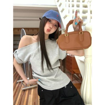 灰色斜領露肩短袖華夫格T恤女夏季松弛感慵懶休閑設計感寬松上衣