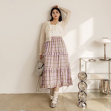 雲朵自訂款-撞色格紋腰鬆緊蛋糕長裙-OB大尺碼