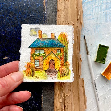 秋畫 房子 原創藝術 彩色藝術品 Rubinova 的小牆藝術