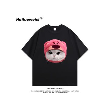 粉頭套貓咪夏季短袖衣服無性別新款男女可愛時尚百搭純棉半袖T恤