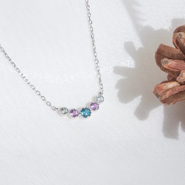 紫水晶 倫敦藍 藍托帕石925純銀微笑排鑽設計項鍊 鎖骨鍊