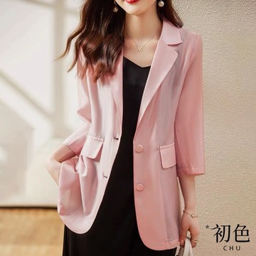 初色  薄款防曬七分袖西裝外套-共5色-63588(M-2XL可選)