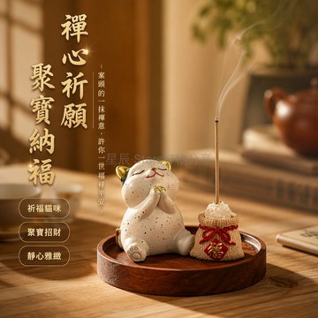 台灣出貨✨ 祝福貓咪線香插 陶瓷香座擺件 茶室桌面裝飾品 居家祈福香托 福袋香薰爐 木底座香盤 禪意家居擺設