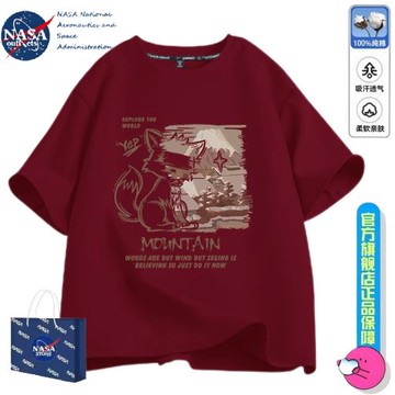 NASA聯名油畫狐貍雪山短袖t恤男女情侶夏季休閑ins半袖寬松上衣潮