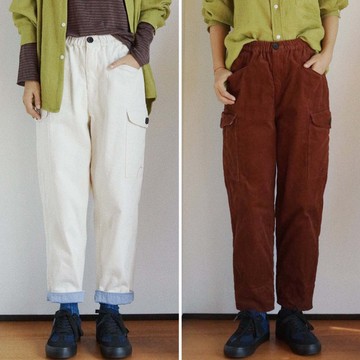 白色斜紋棉和焦糖純棉燈芯絨 中性休閒工裝褲 秋冬微錐長褲