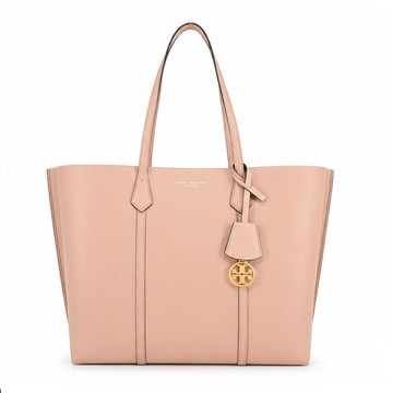 TORY BURCH PERRY燙金LOGO荔枝紋三層托特包(溫柔杏)
