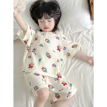 卡通超人親子睡衣~夏季男女兒童短袖短褲純棉紗布寬松家居服套裝