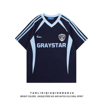 美式潮牌拼色條紋v領短袖T恤女2026新款情侶學院風運動寬松上衣夏