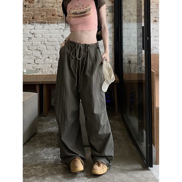 P3-【限時特賣】長褲女 女生褲子 寬褲 運動褲 冰絲長褲 高腰褲 顯瘦長褲美拉德春夏季速乾傘兵褲高腰顯瘦工裝褲女休閒直