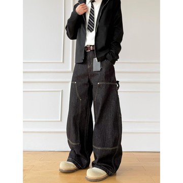 時尚潮流黑色牛仔褲男闊腿美式寬鬆休閒直筒褲男