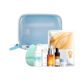 【新品 | 輕旅潔淨旅行組】旅行洗漱收納包(全修護緊緻面膜1入+81酵素去黑頭潔顏露22ml+外泌體修復再生精華5ml+10%神經醯胺保濕修護霜10ml+親膚洗臉海綿(湖水綠))+澄淨無油卸妝凝露50ml+玻尿酸活氧泡泡面膜50ml