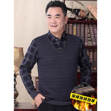 爸爸毛衣加絨加厚假兩件中老年人男針織打底衫冬季父親裝保暖上衣