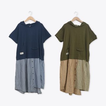 【MOSS CLUB】連帽落肩條紋拼接長版休閒洋裝(藍 軍綠)