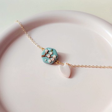 bi natural//小清新櫻花樹青鳥漸變色花瓣手工軟陶手鏈