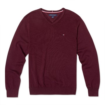 TOMMY 熱銷V領刺繡Logo針織毛衣-酒紅色
