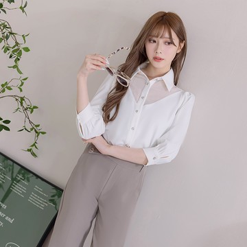 【早春新品】HS 透膚領襯衫上衣 簡約白