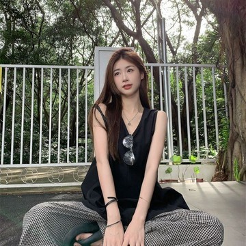 法式復古V領無袖襯衫上衣女 夏季新款垂感寬鬆直筒褲 韓版休閒個人套裝女