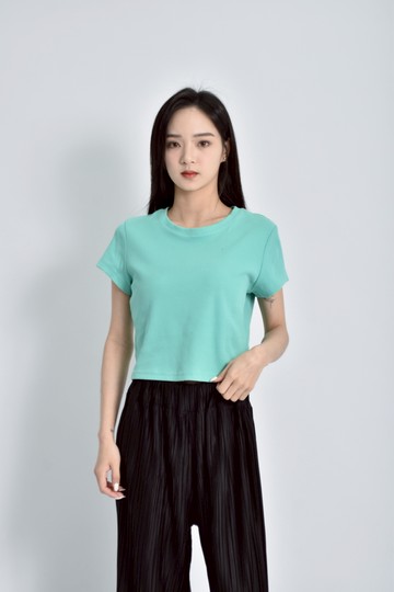 (S) gu質感修身短版棉質素面羅紋綠色短袖上衣