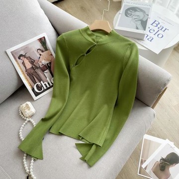 2025秋裝新款中國風復古立領上衣鏤空綠色毛衣打底衫女長袖針織衫