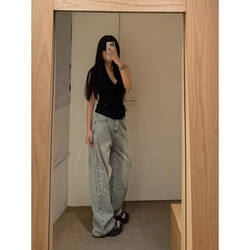超值下殺 爆款出清  牛仔褲女 牛仔褲 高腰牛仔褲 顯瘦  百搭 寬鬆牛仔褲 韓版牛仔  淺色燙鑽直筒牛仔褲女2025秋