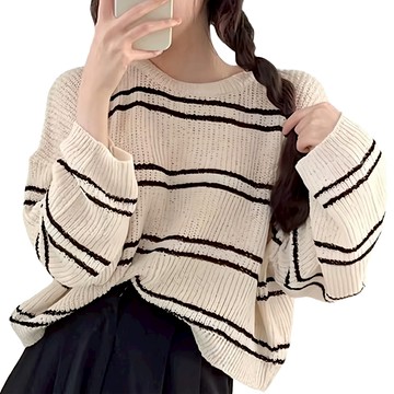 CHIC 寬鬆針織上衣 條紋  肩寬63cm 胸寬69cm 袖長53cm 全長47cm  杏