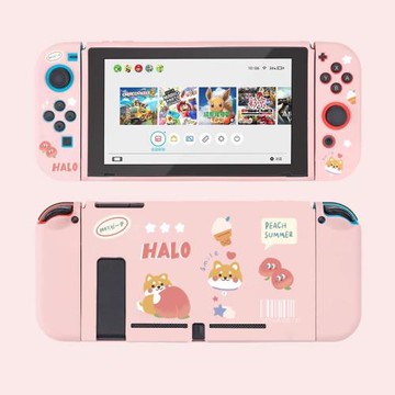 任天堂switch保護殼oled粉色硅膠軟殼NS分體保護套 柴犬桃子