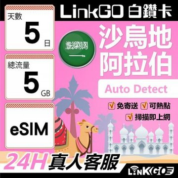 LINKGO白鑽卡 沙烏地阿拉伯 eSIM卡 5天上網卡 總流量5GB 高速流量(沙烏地阿拉伯網卡 利雅德 吉達)