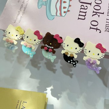 Kitty美人魚髮夾 可愛卡通kt貓醋酸發夾kt貓鴨嘴夾美人魚高端側邊夾少女發飾