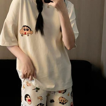 睡衣 卡通比耶簡約保暖睡衣 學生睡裙 寬鬆睡衣 卡通睡衣 長袖短袖 兩件套 可外穿 家居服 睡衣套裝