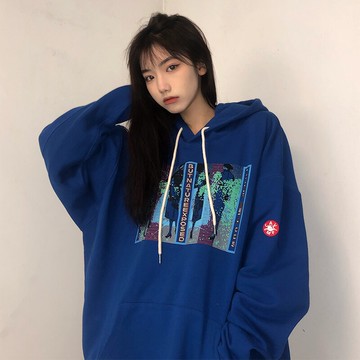 連帽藍色衛衣女ins潮慵懶風寬松秋季新款薄款學生衫百搭上衣