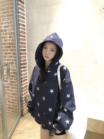 【missy shop】霧藍星河印圖刷毛連帽大學T-92268