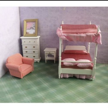 6件套 1:12玩具家具木制臥室套裝家具 粉白公主兒童房裝飾
