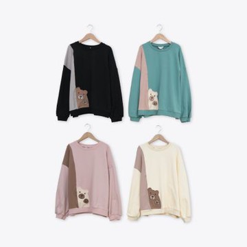 【Dailo】SAY HI小熊色塊拼接大學T 黑 粉 綠 米